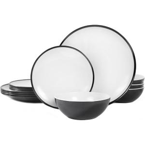 Melamine Plates Set of 4 12-Piece Serving Dinnerware for Indoor/Outdoor Use, Durable Dishwasher-Safe Plates,White and Black