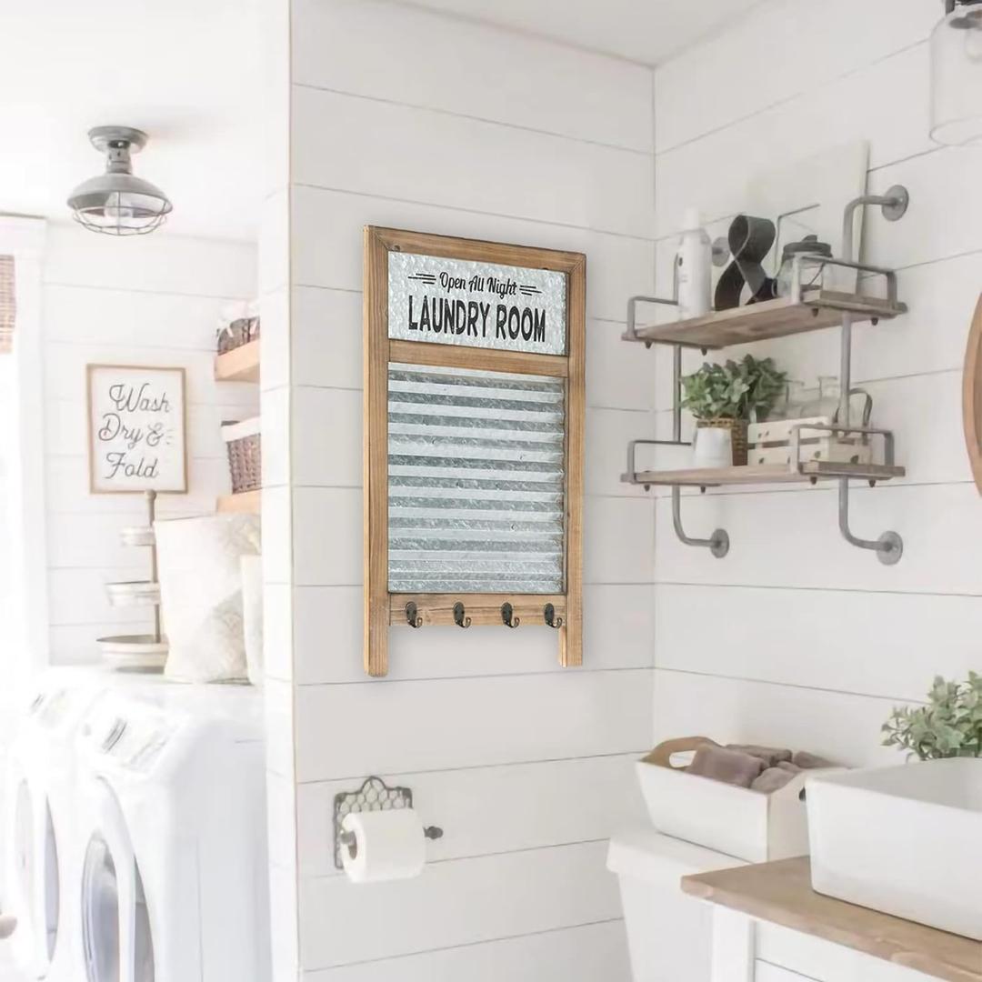 EMAX HOME Galvanized Washboard,Laundry Washboard Sign with Towel Hooks,Laundry Room Deco,Large Farmhouse Metal and Wood Washboard , Vintage Decorative Wall Decor Sign