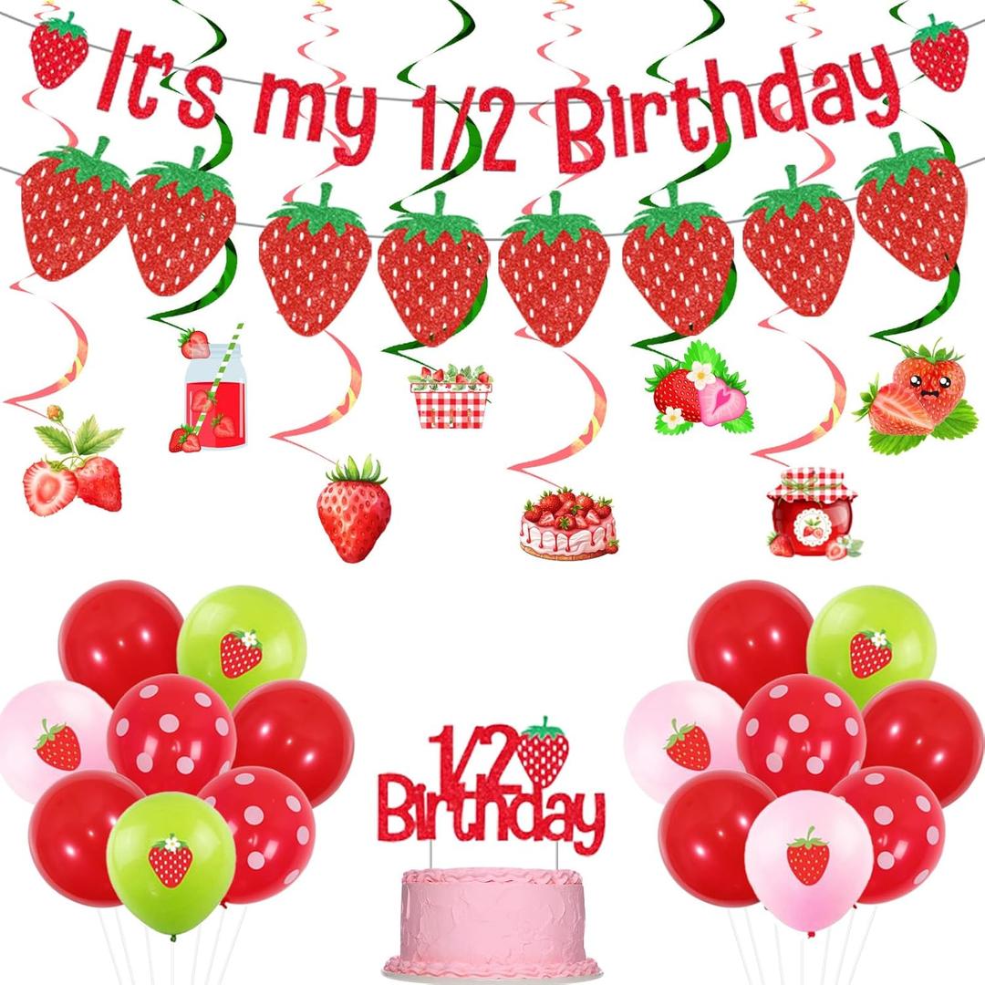 Strawberry Half Birthday Decorations for Girls, It's My 1/2 Birthday Banner Cake Topper Strawberry Banner Garland Red Pink Green Balloon Foil Balloon for Fruit Theme Party