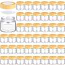 Layhit 48 Pcs 2oz/ 60ml Glass Jars with Lids Clear Small Jars with Plastic Woodgrain Lids, White Labels and Inner Liners Empty Round Cosmetic Containers for Creams Lotions Candle Making (Clear)