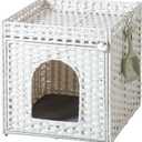 SETVSON Cat Litter Box Enclosure Furniture, Hidden Litter Box with Mat and Fence, Handwoven Rattan Cat House with Two S-Shaped Hooks for Living Room, Bedroom, 18.5 x 20.5 x 19.1 Inches (White