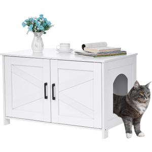 Homhedy Cat Litter Box Enclosure, Wooden Cat Washroom Furniture with Barn Door, Pet House, Fit Most of Litter Box, White