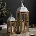 Set of 2 Large Decorative Wooden Metal Lanterns, Farmhouse Rustic Floor Candle Lanterns, Indoor/Outdoor Hanging Lanterns for Home Decor (No Glass) (Brown)