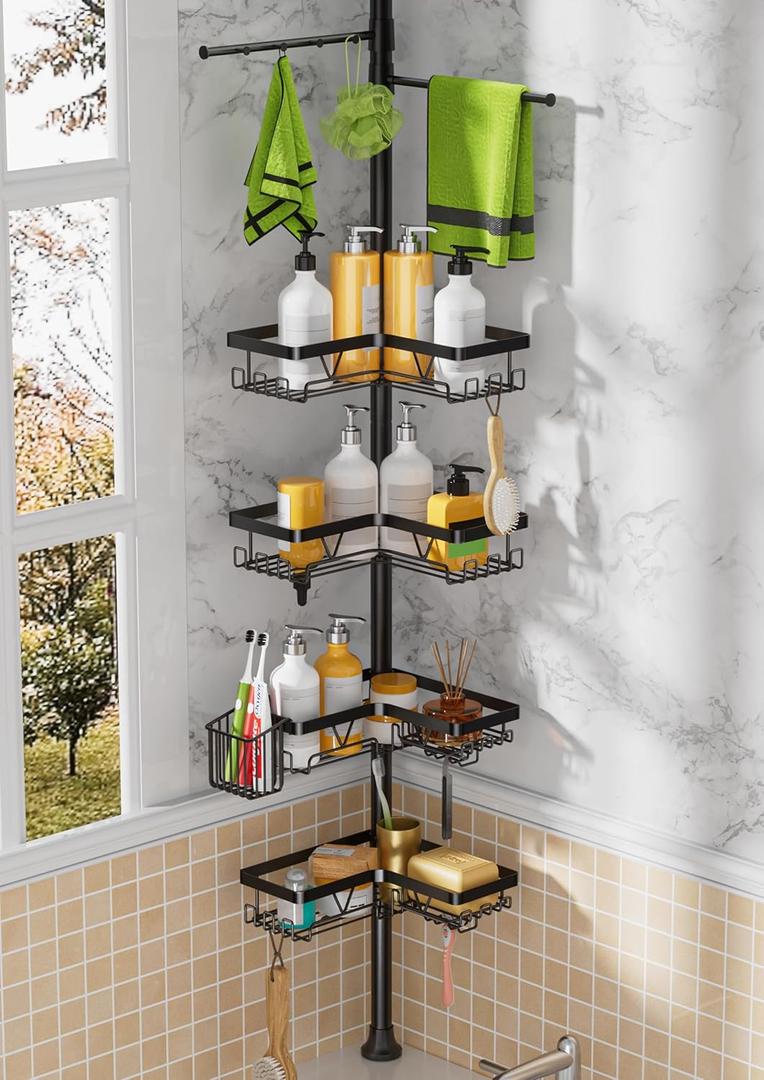 DAOYA Tension Rod Shower Caddy Corner - Tension Pole Shower Caddy with 2 Towel Bars & Toothbrush Holder, Black Bathtub Organizers and Storage Corner Stainless Steel(Tall 25 to 114.2 Inches)
