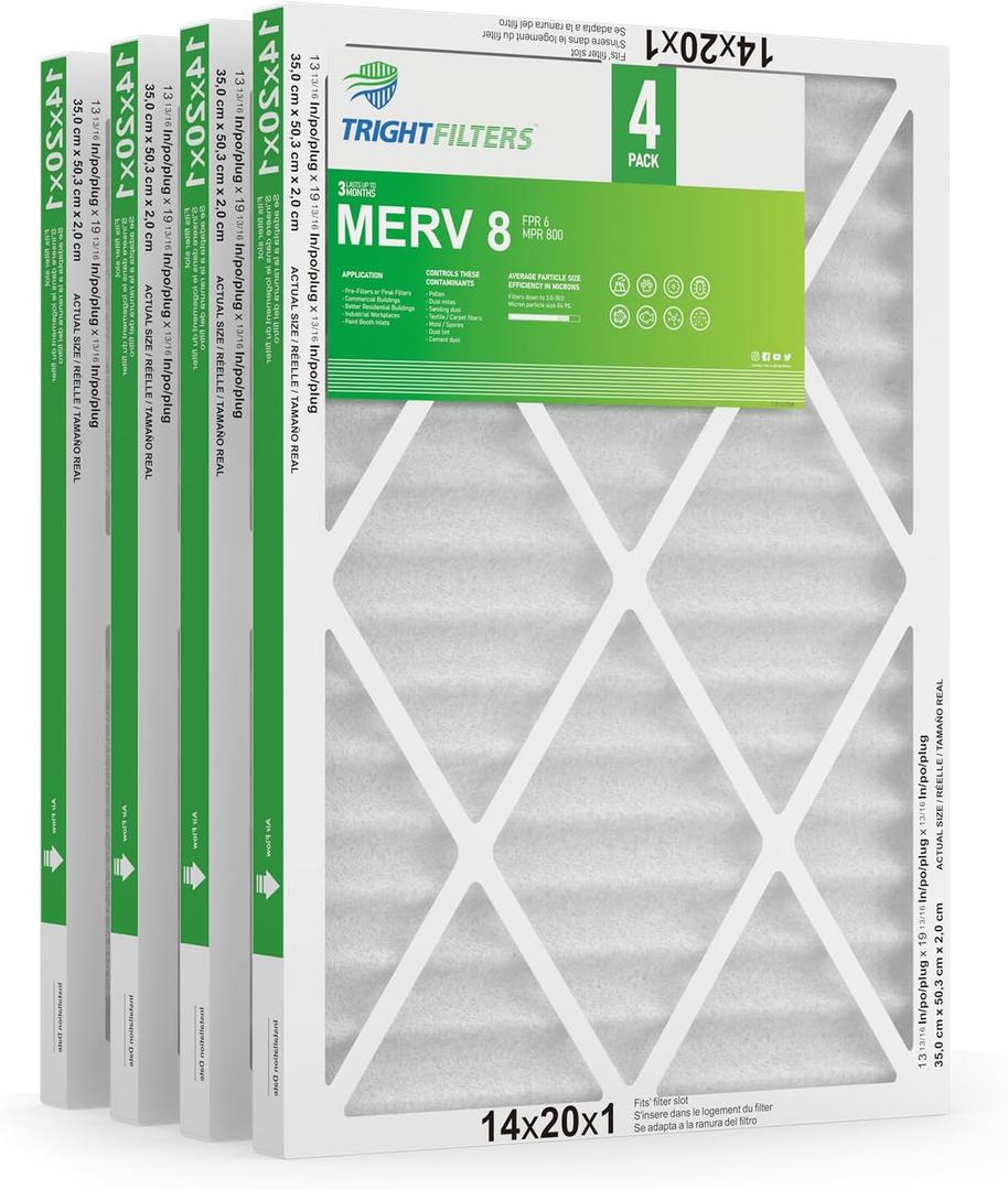 14x20x1 Air Filter 4 Pack, MERV 8 Pleated Dust Defense Air Filters Replacement Air Conditioner HVAC AC Furnace Filter, Durable and Lightweight