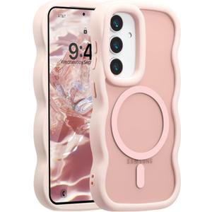 UEEBAI Magnetic for Samsung Galaxy S24/S25 5G Case, Cute Cover Compatible with MagSafe, Transparent Clear Wave Design Wavy Frame Matte Phone Case- Pink
