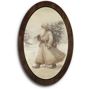 Wheatwin Vintage Christmas Santa Oval Framed Wall Art, Santa Picture Framed Wall Art, Neutral Winter Christmas Tree Wooden Wall Decor for Home Bedroom Living Room 14.5x9 Inch