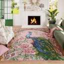 Area Rugs 8x10 Rug for Living Room Clearance Washable Floral Peacock Non Slip Vintage Low Pile Large Rug for Living Room, Bedroom, Farmhouse, Dining Room, Kids Playroom(Pink)