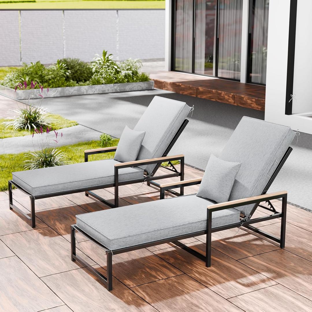 Chaise Lounge Cushions Outdoor Set of 2, Olefin Waterproof and Fade Resistant Patio Furniture Lounge Chair Cushions with Removable Cover, Lounger Pad with Handle & 16 Strap, 80x26x3 Inch, Light Gray