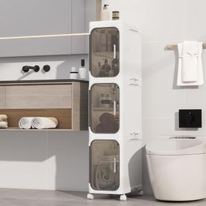 KHNR 3-Tiers Slim Bathroom Storage Cabinet, Foldable Storage Cabinets,Narrow Bathroom Storage,Movable Bathroom Storage Organizer for Small Spaces,Bathroom,Kitchen,Laundry,White