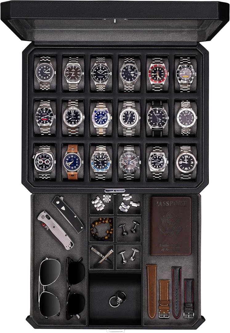 ROTHWELL 18-Slot Watch Case with Drawer – Luxury Watch Box for Men, Real Glass Top, Lockable, Display Case for Collections (Black/Grey)