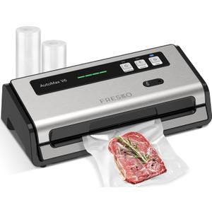 FRESKO Food Vacuum Sealer with Automatic Bag Detection, Double Heat Seal, Built-in Bag Roll Storage & Cutter, 2 Rolls Bags, Starter Kit (Stainless Steel)