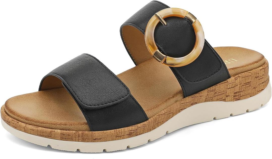 UBFEN Womens Low Wedge Slides Comfy Arch Support Cushioned Footbed | Slip On Dressy Sandals, Adjustable Straps, Lightweight Platform, Daily Wear, EUR41