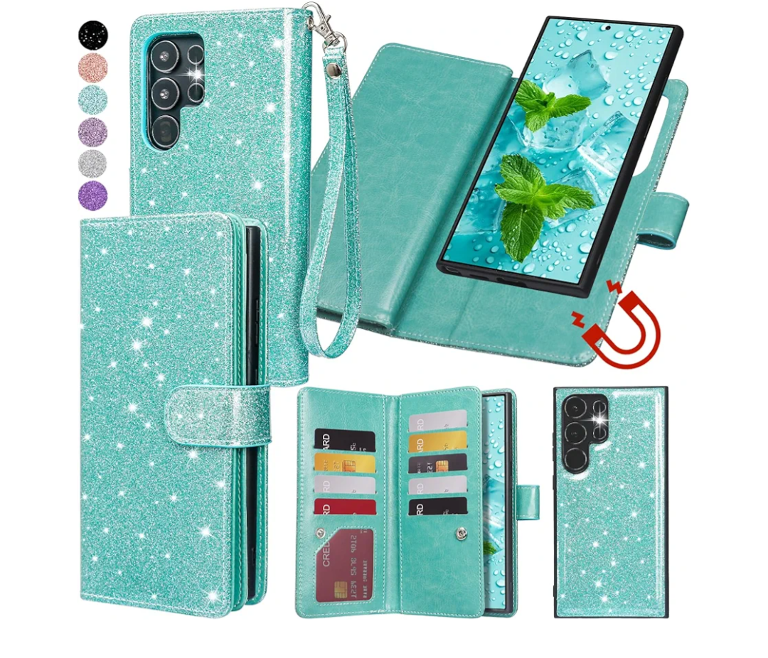 Varikke for Galaxy S23 Ultra Wallet Case Detachable with Card Holder for Women, Glitter Leather Strap Magnetic Flip Wallet Removable Phone Case Cover for Samsung Galaxy S23 Ultra 5G 6.8", Mint Green