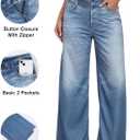 Wide Leg Jeans for Women Trendy Terry Look Like Denim High Wisted Stretchy Loose Baggy Denim Pants with Pockets (Large, Zipper Blue)