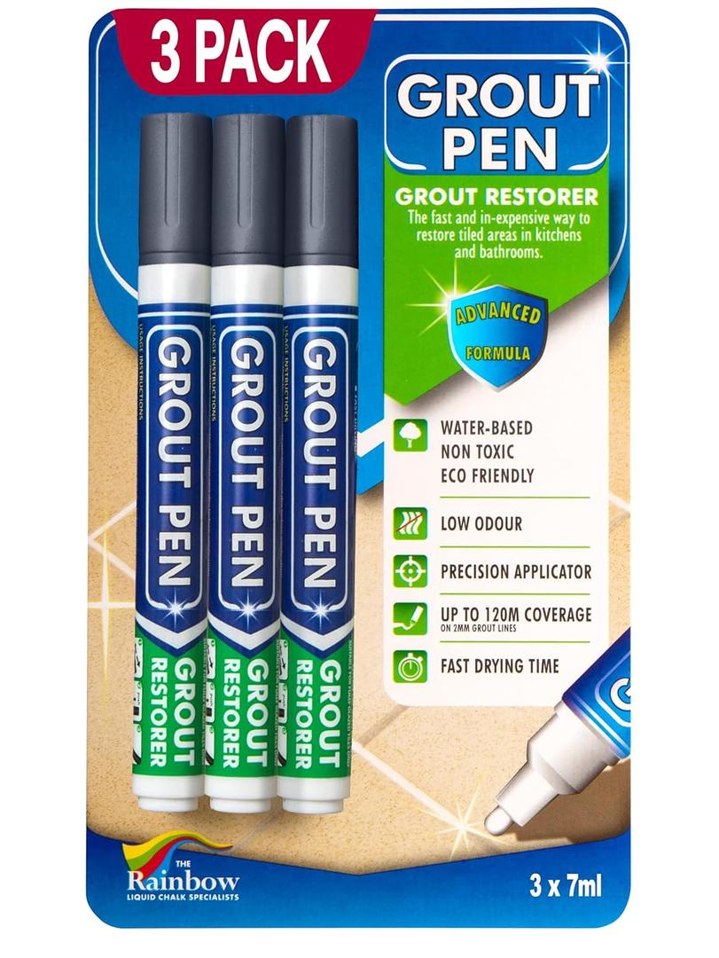 Grout Pen Dark Grey Tile Paint Marker: Waterproof Grout Paint, Tile Grout Colorant and Sealer Pen - Dark Grey, Narrow 5mm Tip (7mL) - 3 Pack