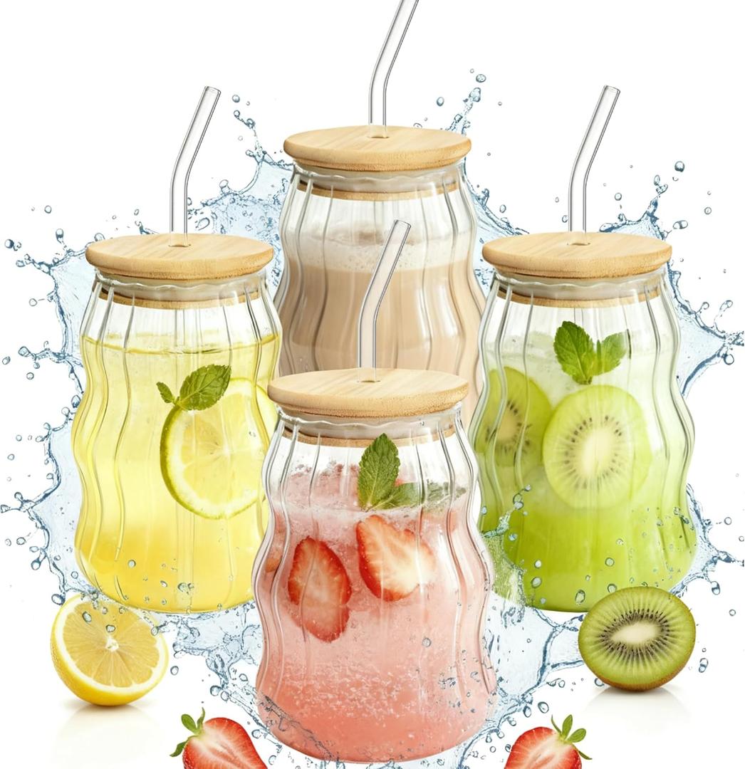 4 Packs Cute Glass Tumbler with Lid and Straw 16 oz Vintage Ice Coffee Cup Set Bulk Simple Modern for Smoothie Juice Matcha Tea Water Slushie Clear Hot Drink Glasses Travel Mug Kitchen Glassware (Cloud stripe-4 Pcs)