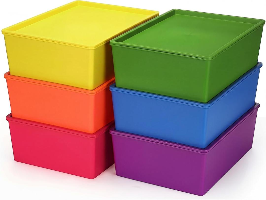 Menkxi 6 Pcs Large Plastic Storage Bins with Lids 14.4 x 10.4 x 5.1 Inch Stackable Storage Containers Decorative Cubby Organizer for Clothes Shelves Garage Closet Office (Colorful)