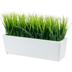 MyGift 14 Inch Artificial Green Grass Plant in Modern White Concrete Planter Window Box, Tabletop Faux Greenery in Decorative Rectangular Cement Container