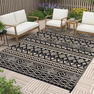 RURALITY Outdoor Rugs 9'x12' Waterproof for Patios Clearance,Plastic Straw Mats for Backyard,Porch,Deck,Balcony,Black&Beige