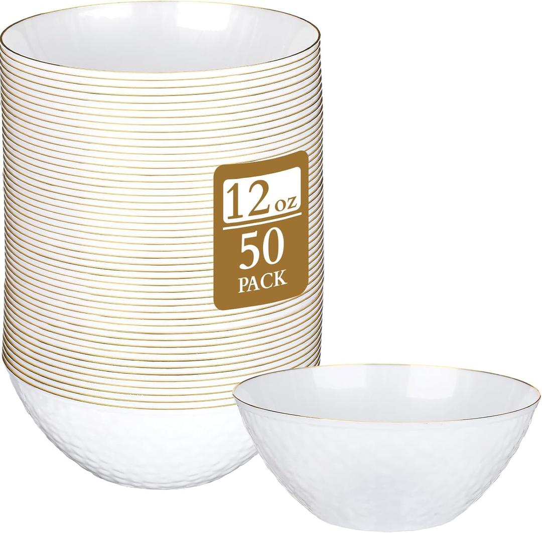 Jingmore 50 Pcs 12 oz Clear Plastic Bowls Hammered with Gold Rimmed, Heavyweight Disposable Bowl Set, Salad Dinner Bowls for Party, Wedding, Holiday, Catering (Pearl White)