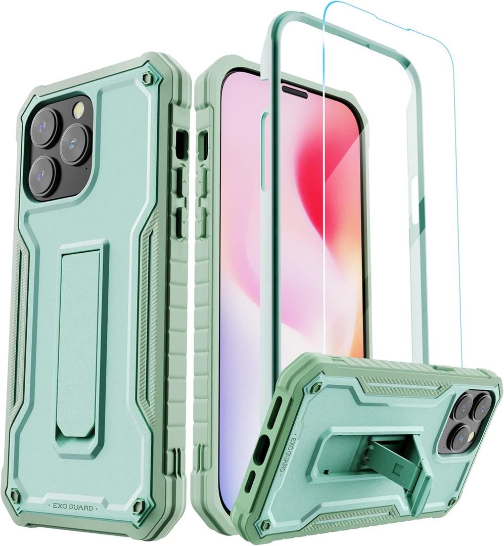 ExoGuard for iPhone 14 Pro Max Case 6.7 Inch, Rubber Shockproof Full-Body Cover Case Come with a Tempered Glass Screen Protector and Kickstand (Green)