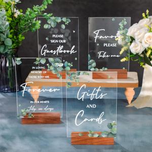 Chunful 4 Pcs Acrylic Wedding Signs with Stand 5 x 7 Inch Clear Cards and Gifts Our Guestbook Rustic Calligraphy Sign for Wedding Ceremony Reception(Leaves)