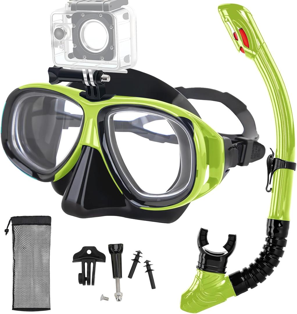 Nearsighted Snorkeling Gear for Adults Youth, Professional Full Dry Top Silicone Snorkel Set, Anti-Fog Scuba Diving Mask with Adjustable Strap (-2.0)