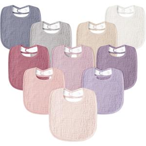 Susurration Muslin Baby Drool Bibs 10Pack Soft Square Adjustable Bandana Bibs for Unisex Baby Girls & Boys (Pink)
