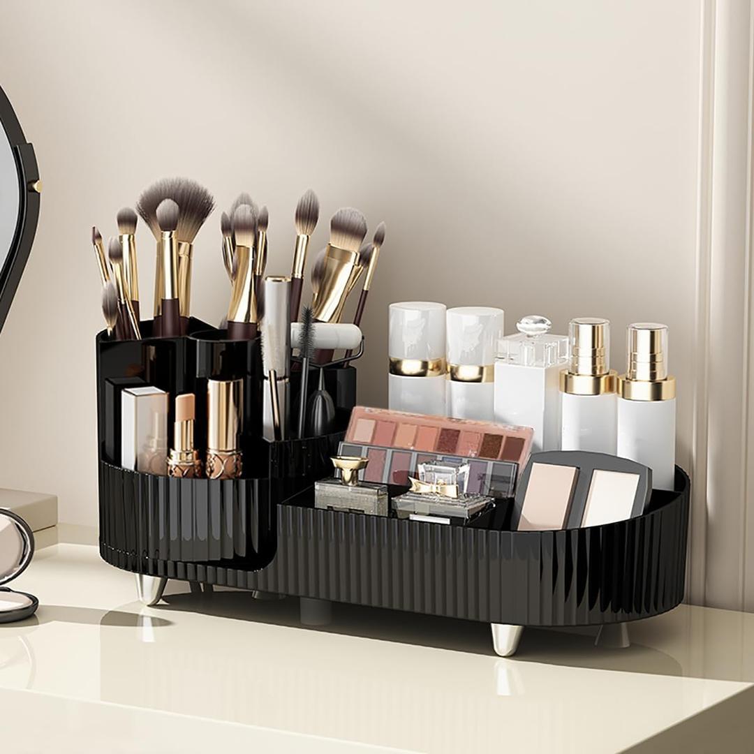 Makeup Organizer Countertop Rotating Makeup Organizer for Vanity Large Capacity Cosmetic Display Case with Makeup Brush Holder Cosmetic Organizer Countertop Black