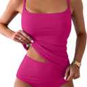 Eomenie Women's Swimsuit Tankini Tummy Control Bathing Suits Two Piece Full Coverage Slim Swim Suits with High Waisted Bottom (Medium, Hot Pink-ribbed)