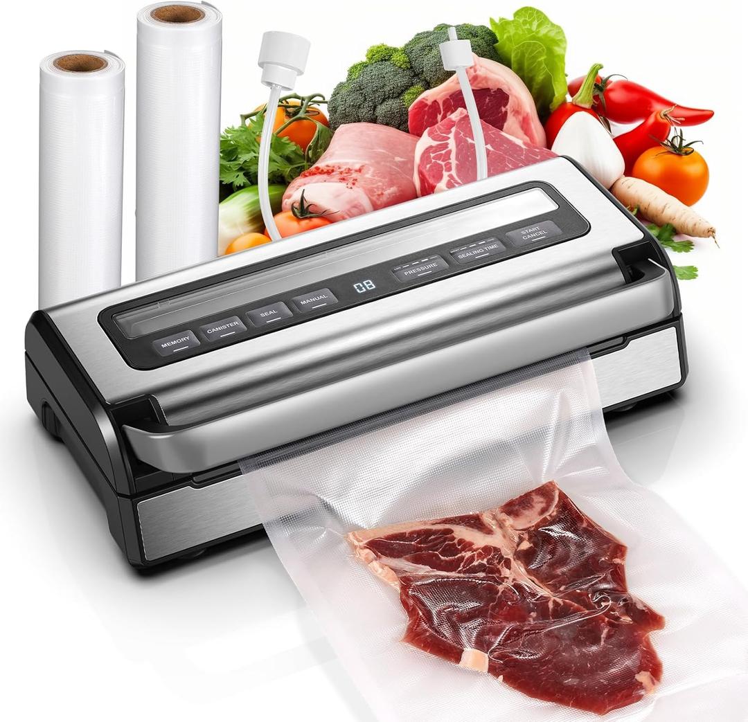 95KPa Automatic Vacuum Sealer, 9-in-1 Food Sealer for Dry/Moist/Liquid Foods, Double Heat Seal & Pump, Includes Bag Rolls & Hose, Built-in Cutter, Stainless Steel