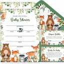 Yuzioey 50 Woodland Baby Shower Invitations, Forest Woodland Greenery Invitations Macthing Envelpoes, Diaper Raffle Tickets, Book Request Cards, Forest Creatures Invitations