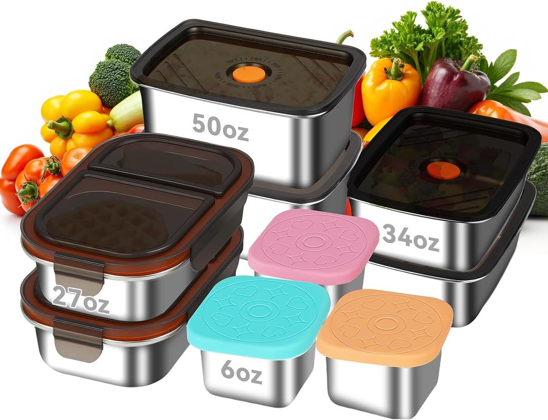 YUANYE 9 Pack 50/34/27/6oz Stainless Steel Food Storage Containers Sets, Leak-Proof Airtight Lunch Box with Lids, Small Snack Containers Oven/Dishwsher/Freezer Safe for Meal Prep, School, Work, Picnic, Medium