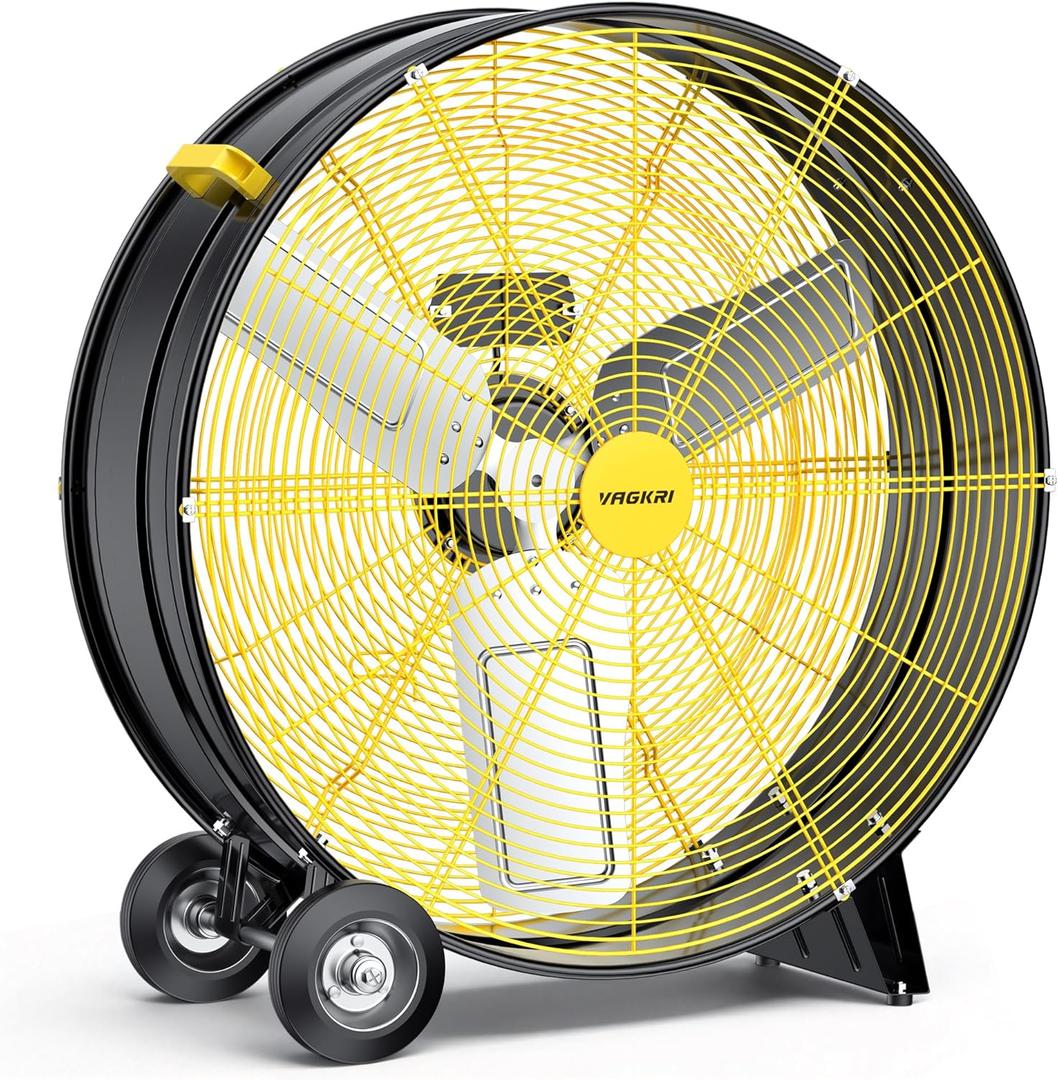 VAGKRI 30 Inch Industrial Drum Fan, 300W High Velocity Floor Fan, 3 Speed Heavy Duty Metal Fan with Casters Handles, Powerful Motor Air Circulator for Warehouse, Factory, Barn, Commercial, UL listed (Yellow)