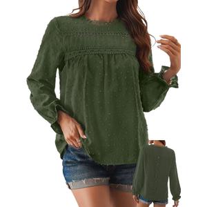 Falechay Womens Boho Tops Long Sleeve Shirts For Women Cute Crewneck Blouse Dressy Casual Swiss Dot Crochet Hollow Top 2026