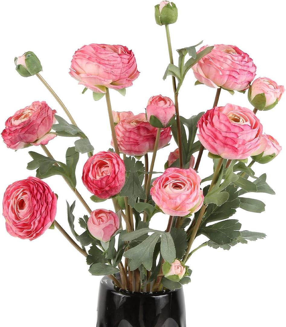 Artificial Ranunculus Pink Silk Flowers Persian Buttercup,18 Heads Vintage Long Stems Fake Flowers for Home Wedding Decoration Bride Bouquet Silk Rose for Flowers Crafts Floral Arrangement (Pink)