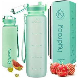 Hydracy Water Bottle with Time Marker -Large BPA Free Water Bottle & No Sweat Sleeve -Leak Proof Gym Bottle with Fruit Infuser Strainer & Times to Drink -Ideal for Fitness Sports & Outdoors (Aqua Green)