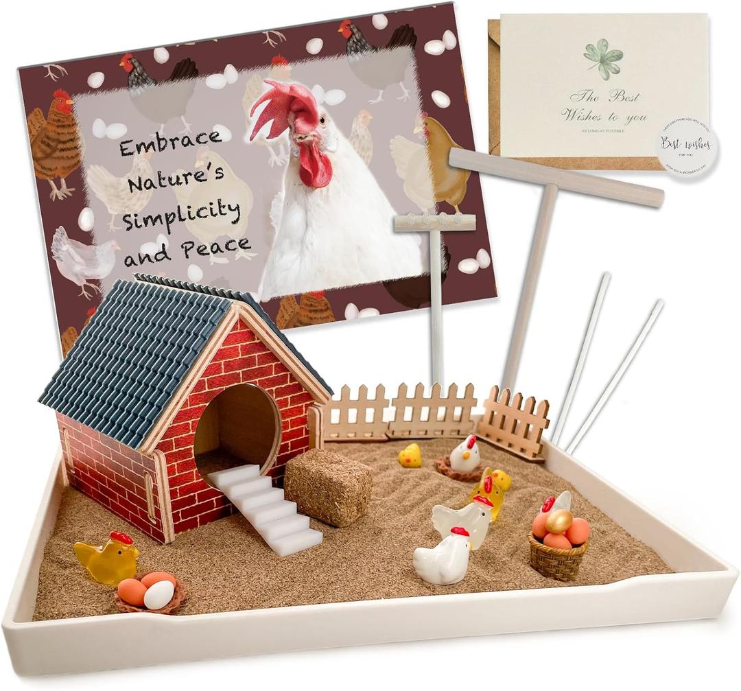 Threeheng Chicken Zen Garden Kit - Sand Tray Therapy Kit with Miniature Chicken Coop, Hen Figurines, and Accessories - Desk Sand Box for Meditation and Stress Relief - Fun Gift
