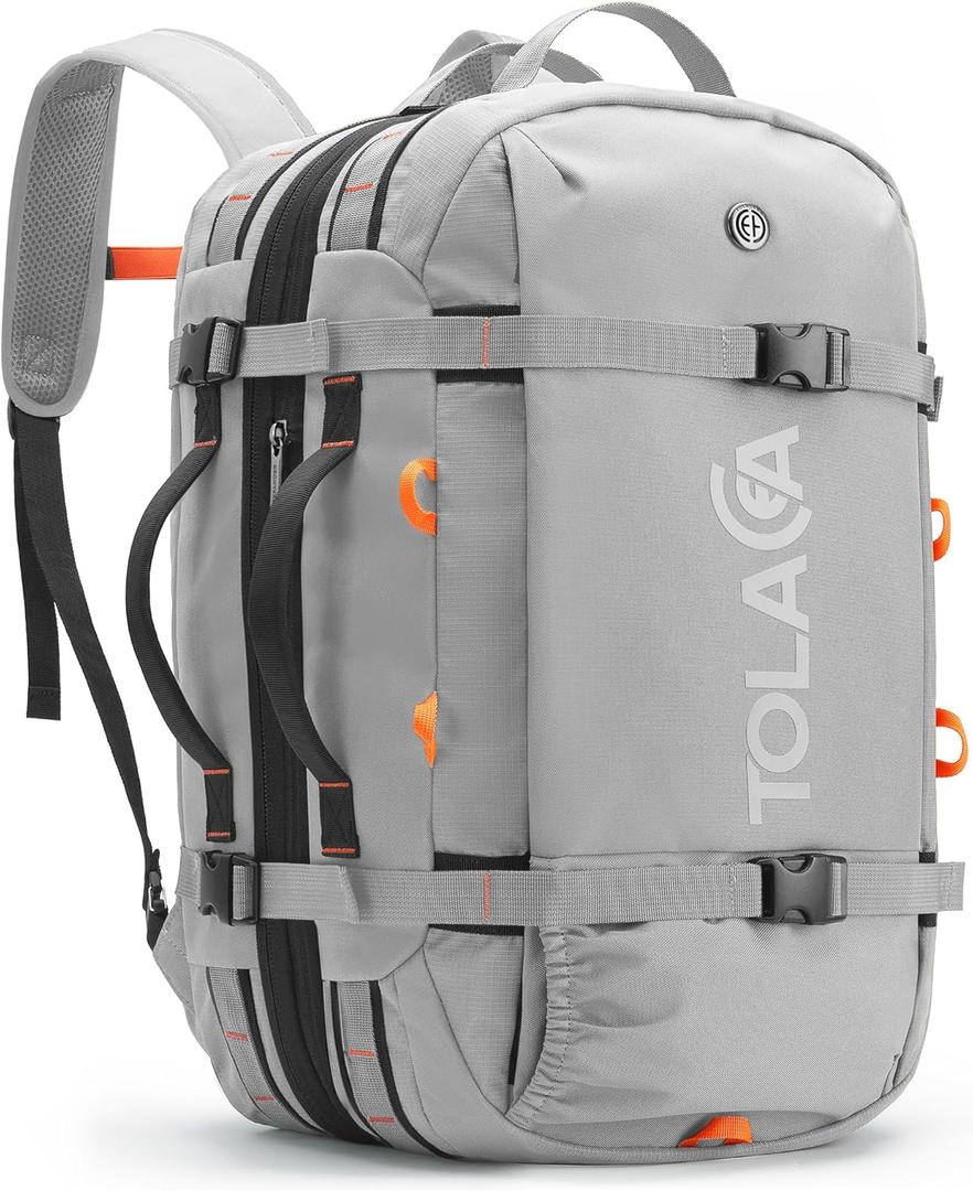 Tolaccea Travel Laptop Backpack for Men Women, 40L-50L Expandable Carry On Backpack with Wet Dry Compartment, TSA Approved Daypack Fits 16 Inch Laptop, Convertible Rucksack Duffel Bag for Work Travel (Light Gray)