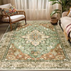 Area Rugs 5'x7' Washable Non-Slip, Floral Vintage Distress Print Pattern Medallion Carpet for Living Room Bedroom Dining Room, Brick Red Rust Red Neutral