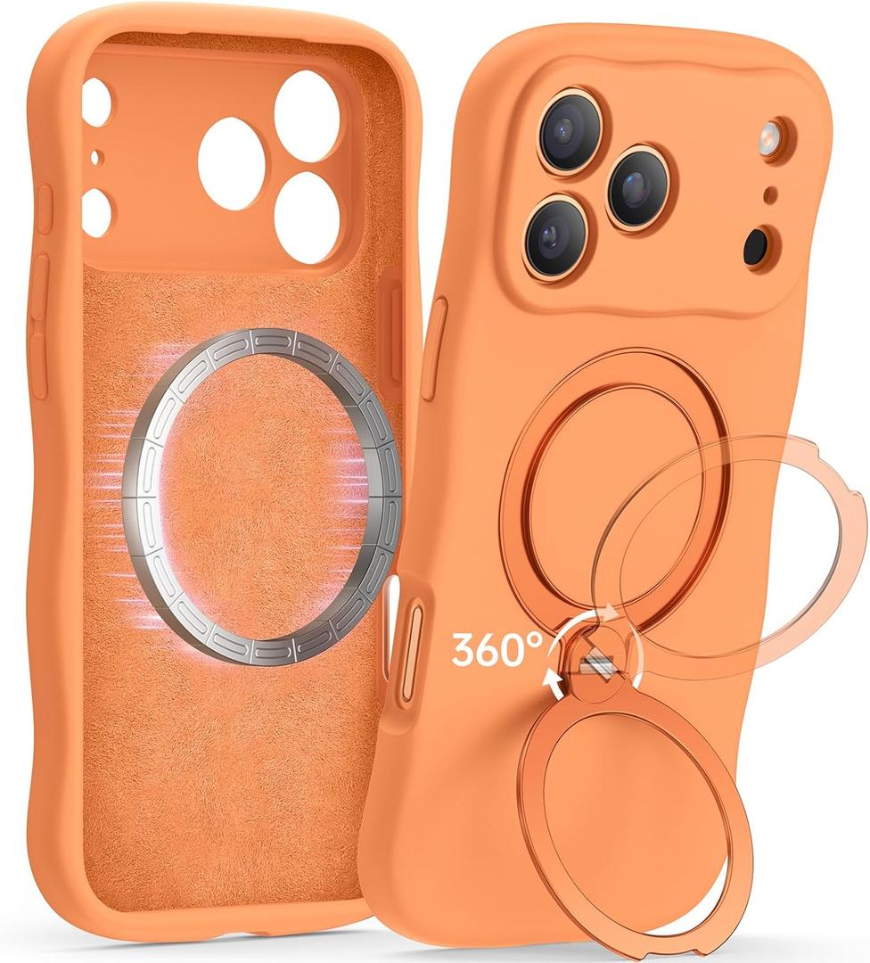 360 Spin Silicone Stand (Pro-Version) for iPhone 17 Pro Max Case: Cute Wavy [Full Camera Protection] (Fit for MagSafe) Shockproof Women Girl Phone Case for iPhone 17 Pro Max 6.9", Cosmic Orange