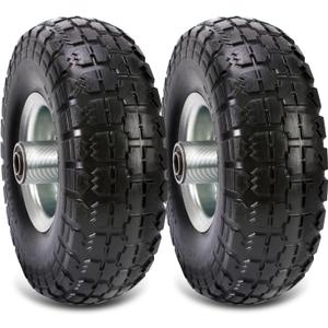 (2 Pack) 10 Inch Solid Polyurethane Tire 4.10/3.50-4 Tire, 10" Flat Free Wheels with 5/8" Bearings, 2.2" Offset Hub for Garden Cart, Hand Truck, Lawn Cart, Mower