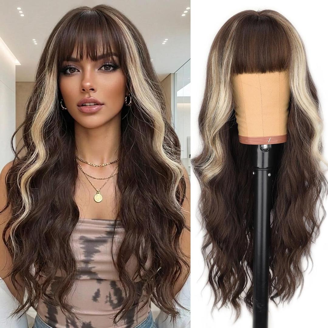 AISI HAIR【Beginner Friendly Wigs Brown Mixed Light Blonde Wig with Bangs Long Wavy Synthetic Wig for Women Breathable and Adjustable with Daily Party Use