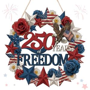 Yalikop 250 Anniversary 4th of July Wreath Patriotic Decorations Wreath for Front Door 250 Years of Freedom Wood Door Sign Hanger Memorial Independence Day Porch Home Wall Decor