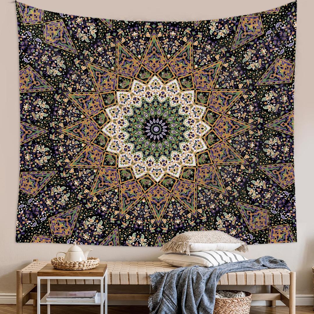 LSTLQHX Green Mandala Tapestry Wall Hanging Indian Hippie Wall Decor Vintage Psychedelic Aesthetic Tapestries Bohemian Wall Art Boho Home Decoration for Bedroom Living Room Dorm (59.1L" x 51.2W")