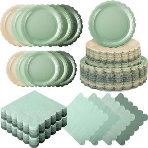 Ziliny 110pcs Sage Green Plates and Napkins Tableware Set Serve 25 Guests Includes Scalloped 9" 7" Paper Dessert Dinner Plate Green Series Napkins for Spring Birthday Wedding Baby Shower Tea Party, Dinner plates: 9 inches / 22.86 cm in diameter
