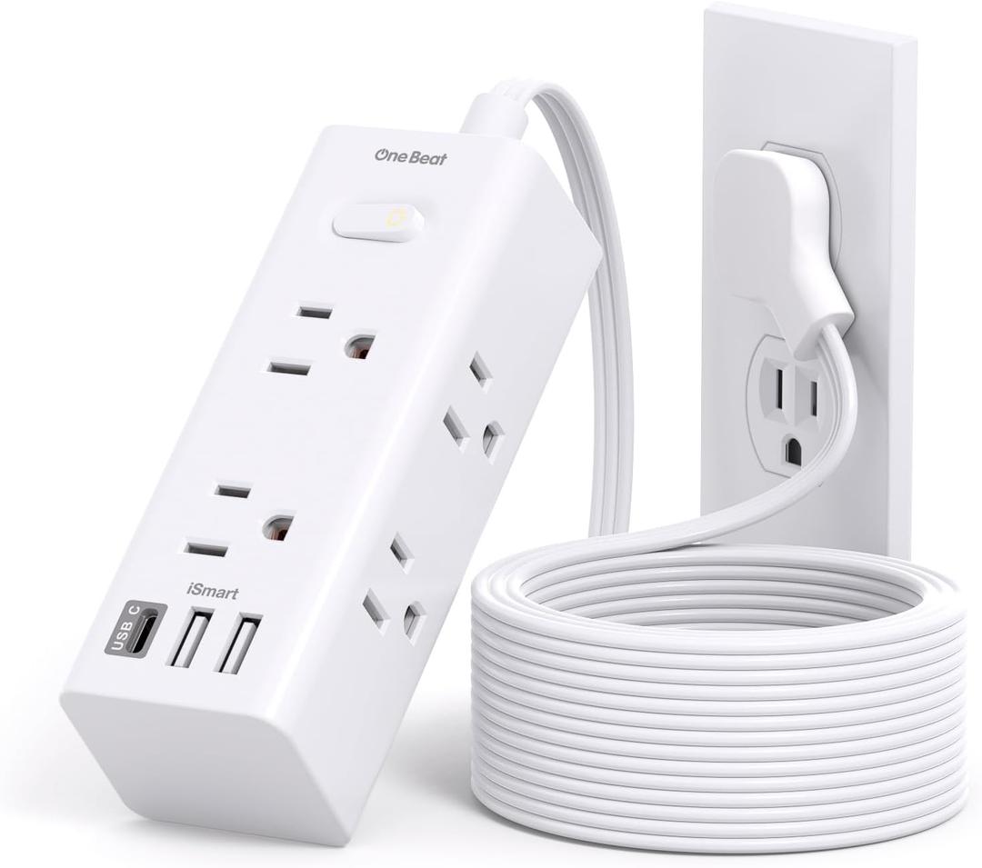 One Beat 10Ft Extension Cord with Multiple Outlets,Flat Plug Power Strip Surge Protector with 10 Ft Long Cord,6 Outlet 3 USB Ports (1USB C),Multi Outlet Wall Plug for Travel,College,Dorm Essentials (White)