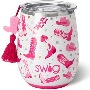 Swig Life 14oz Stemless Wine Cup, Insulated Wine Tumbler with Lid, Lightweight Stainless Steel Travel Tumbler, Cowgirl Cups, 21st Birthday, Bachelorette Party Gifts for Women (Let's Go Girls)