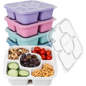 Caperci 5-Pack Lunchable Container Set for Kids & Adults - Reusable Bento Snack Box Containers with 5-Compartment for Food Storage & Meal Prep, Wheat Straw, BPA-Free (Dark & Clear Lids)